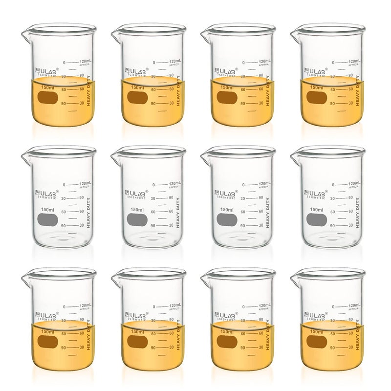 ULAB Heavy Duty Glass Beakers, 12pcs of Vol.150ml(5.07oz), Borosilicate 3.3 Glass, Thick Wall Beakers, with Double Scale, Superior Durability & Chemical Resistance, UBG1054 - Image 1